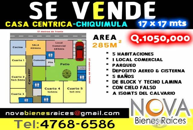 Bonita Propiedad 17x17 centrica Chiquimula  5 hab+5 Banos+Local +Garage+Deposito con Cisterna - 1