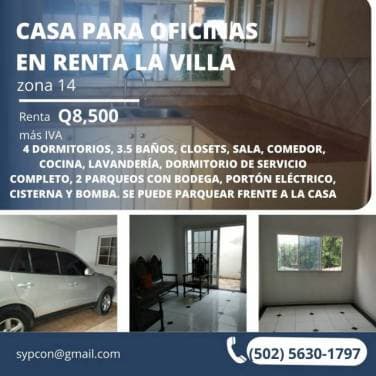 Casa zona 14 La Villa en renta-alquiler para oficinas o vivienda - 1