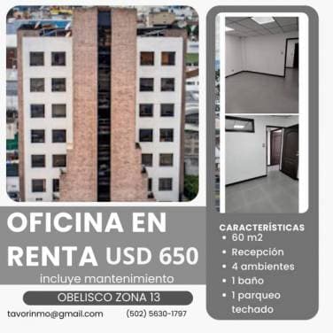 Oficina en renta en nivel alto zona 13 cercano al Obelisco - 1